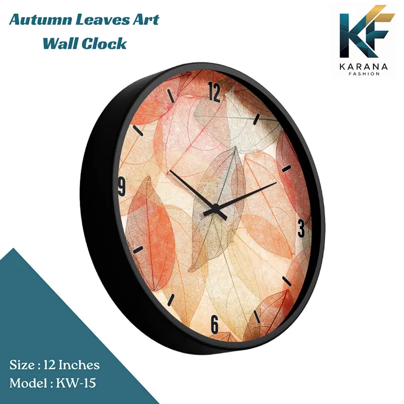 Picture of Karana Fashion (KW15) 12-Inch Autumn Leaves Wall Clock - Warm Skeleton Leaf Aesthetic Home Décor - Black