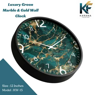 Picture of Karana Fashion (KW13) 12-Inch Luxury Green Marble & Gold Wall Clock - Premium Emerald Stone Effect Décor - Black