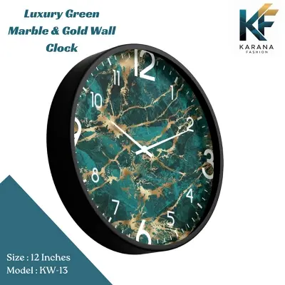 Picture of Karana Fashion (KW13) 12-Inch Luxury Green Marble & Gold Wall Clock - Premium Emerald Stone Effect Décor - Black