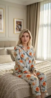 Picture of Korean AC Silk Shirt-Pant Nighty Set , Elegant Pajama set all day wear or nightdress wear