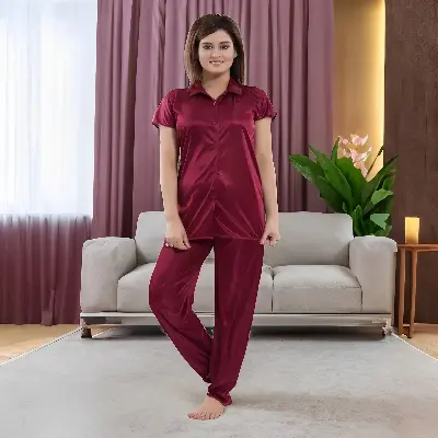 Picture of Comfortable Nightwear for Women - Short Sleeve Shirt and Pant Nighty- Elegant and Refined Nightdress - Comfortable for All Seasons.
