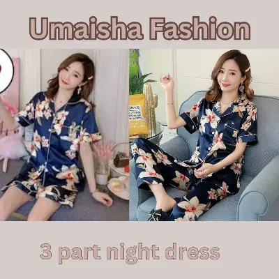 Picture of womans ice silk home wear 3 pcs set. ✨ নতুন কালেকশন অ্যালার্ট ✨ কোরিয়ান এসি সিল্ক ৩ পার্ট শার্ট-প্যান্ট  😍