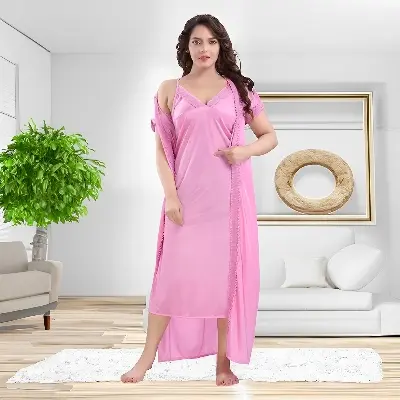 Picture of Two-Part Night Dress For Women - Satin Solid Women Nighty Set - Experience Comfortable Sleepwear in Style