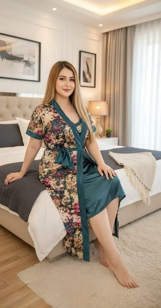 Picture of Silky Peacock Satin Nightgown - Luxurious Print Nightdress Comfortable Day and Night Wear - All-Season Nighty