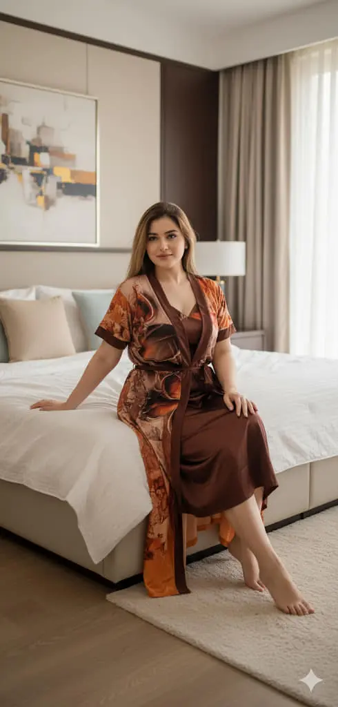 Picture of Silky Peacock Satin Nightgown - Luxurious Print Nightdress Comfortable Day and Night Wear - All-Season Nighty