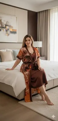 Picture of Silky Peacock Satin Nightgown - Luxurious Print Nightdress Comfortable Day and Night Wear - All-Season Nighty