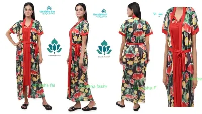 Picture of Indian Silky Satin Nightgown 2 Part Comfortable Day And Night Wear Luxurious Print Nightdress. - Night Dress For Women