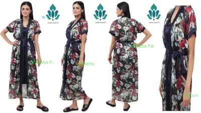 Picture of Indian Silky Satin Nightgown 2 Part Comfortable Day And Night Wear Luxurious Print Nightdress. - Night Dress For Women