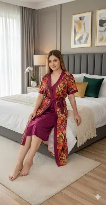 Picture of Indian Silky Peacock Satin Nightgown 2 Part Comfortable Day And Night Wear Luxurious Print Nightdress. - Nighty For Women