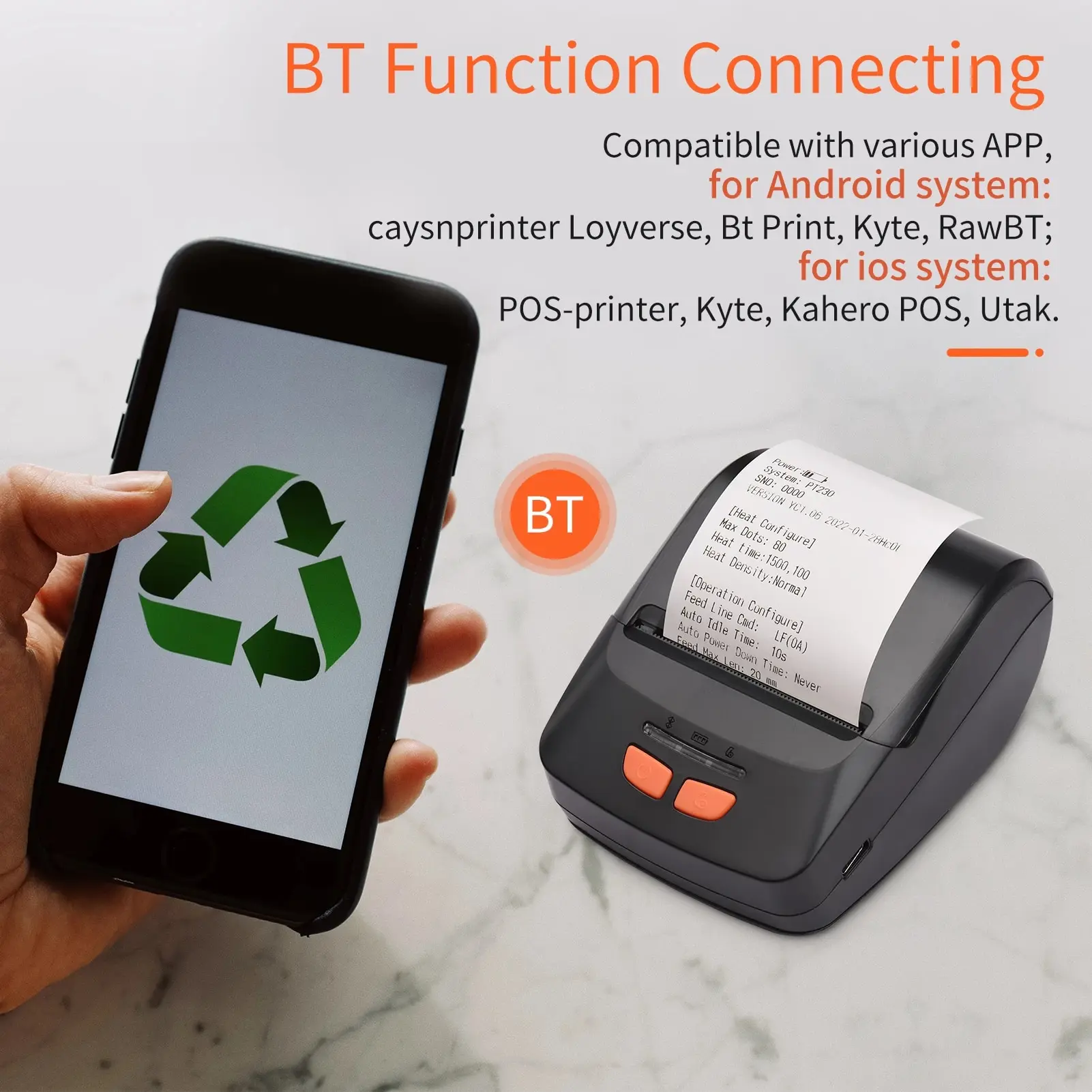 Picture of Portable POS Printer 58mm 2 inch Thermal Receipt Printer Bluetooth Pocket Printer | Cash Drawer Compatible | Support iOS, Android, Computer, Laptop | POS Printer for Restaurant Bill, Ticket, Token, Label Printing(PT 230 Black)