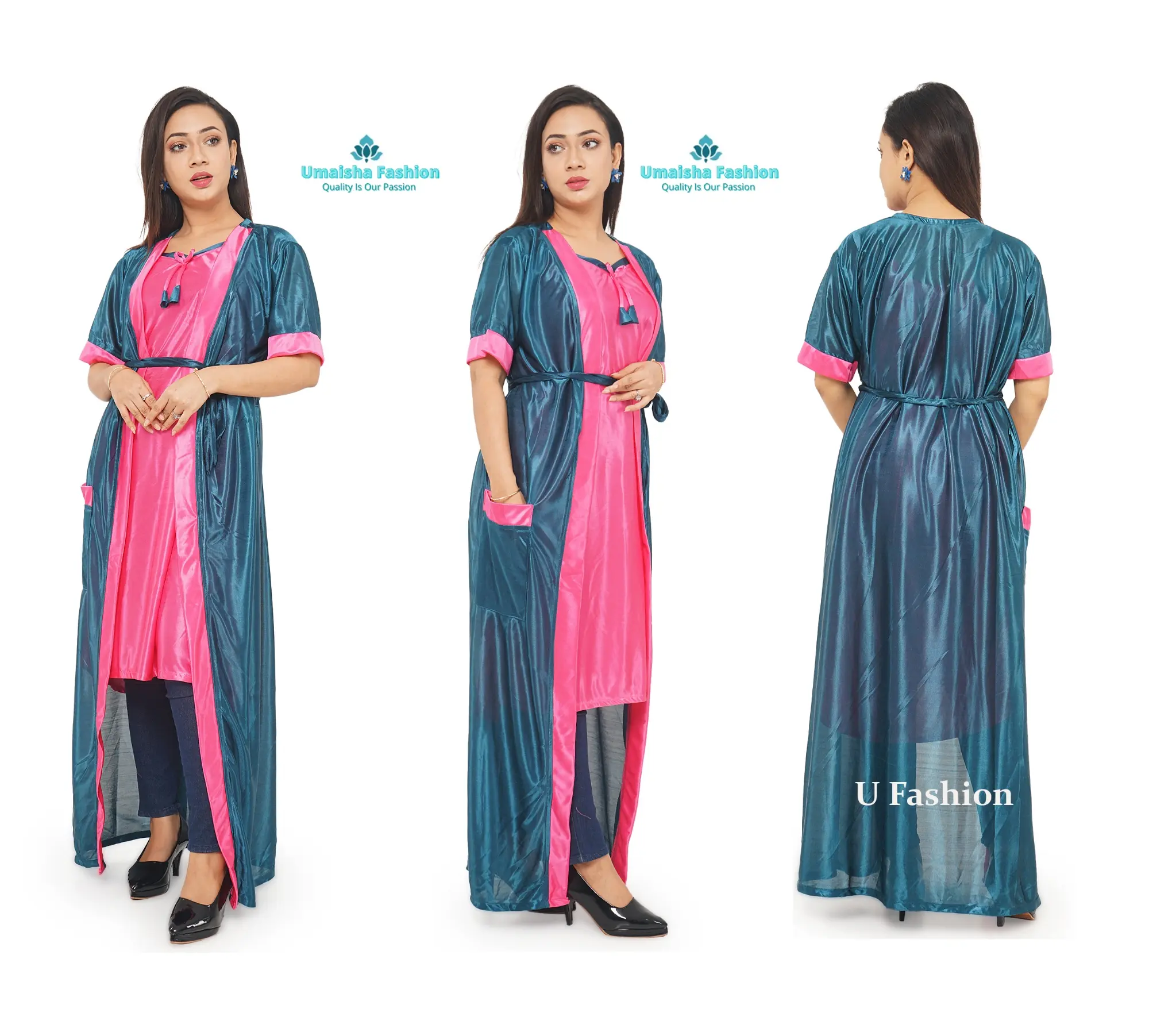 Picture of Two-Part Pocket Nighty - Sleepwear Border Line Nightdress - Comfortable Night Dress - Suitable for All Seasons