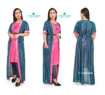 Picture of Two-Part Pocket Nighty - Sleepwear Border Line Nightdress - Comfortable Night Dress - Suitable for All Seasons