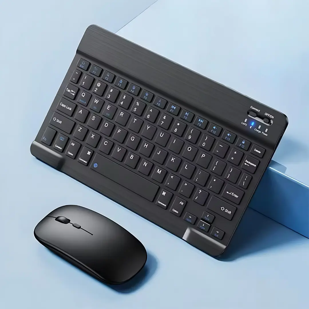 Picture of Wireless Keyboard and Mouse Set: Compact Bluetooth Keyboard (Rechargeable) with Matching Mouse. English Ergonomic Design for a Comfortable Experience on iPad, Tablets, Phones, Laptop, Android, iOS, and Windows(Black)