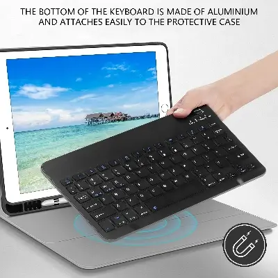 Picture of Wireless Keyboard and Mouse Set: Compact Bluetooth Keyboard (Rechargeable) with Matching Mouse. English Ergonomic Design for a Comfortable Experience on iPad, Tablets, Phones, Laptop, Android, iOS, and Windows(Black)