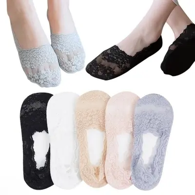 Picture of Stylish Socks For Women Lace Cotton Bottom Transparent Elastic Short Mesh Ankle Socks.