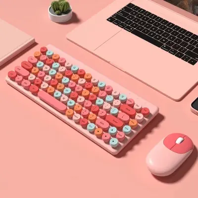 Picture of Wireless Keyboard and Mouse Combo QW02 | Ergonomic Keyboard and Mouse Set | 2.4Ghz USB Wireless Office Keyboard with Multi-Media Function Keys and Number Pad for PC Computer Windows | Wireless Keyboard Mouse Kit Colorful Mechanical Keyboard Set(Pink)