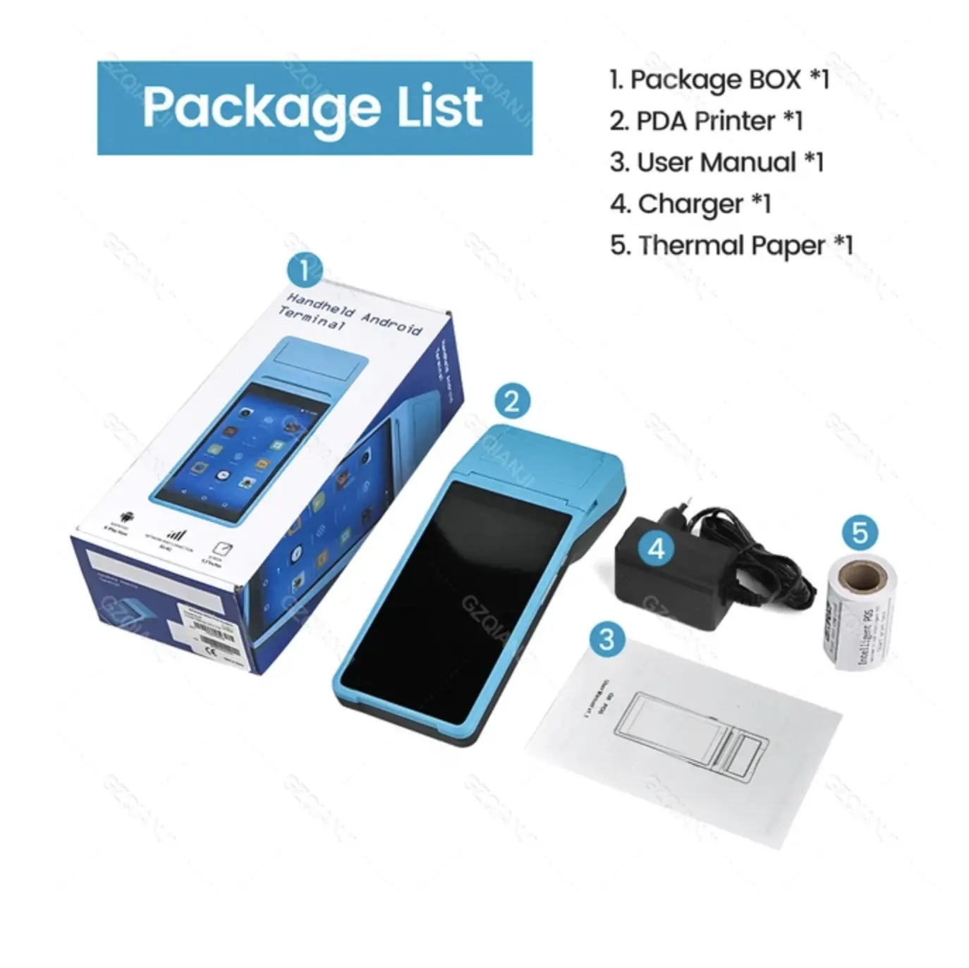 Picture of Handheld POS Receipt Printer Android with 5 Inch Touchscreen 58mm Width Thermal Printer Barcode Scanner 1D2D PDA Terminal Support Dual SIM, WiFi Bluetooth Label Printing for Restaurant, Bus Ticket, Small Business, FoodPanda Restaurant POS Printer(Blue)