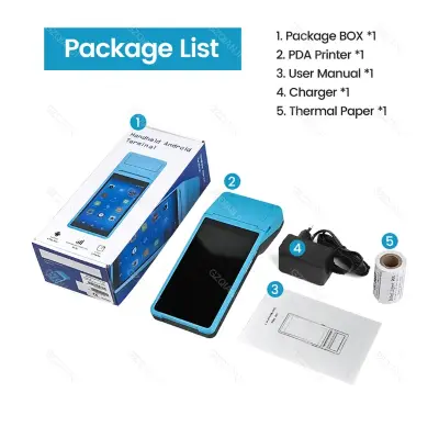 Picture of Handheld POS Receipt Printer Android with 5 Inch Touchscreen 58mm Width Thermal Printer Barcode Scanner 1D2D PDA Terminal Support Dual SIM, WiFi Bluetooth Label Printing for Restaurant, Bus Ticket, Small Business, FoodPanda Restaurant POS Printer(Blue)