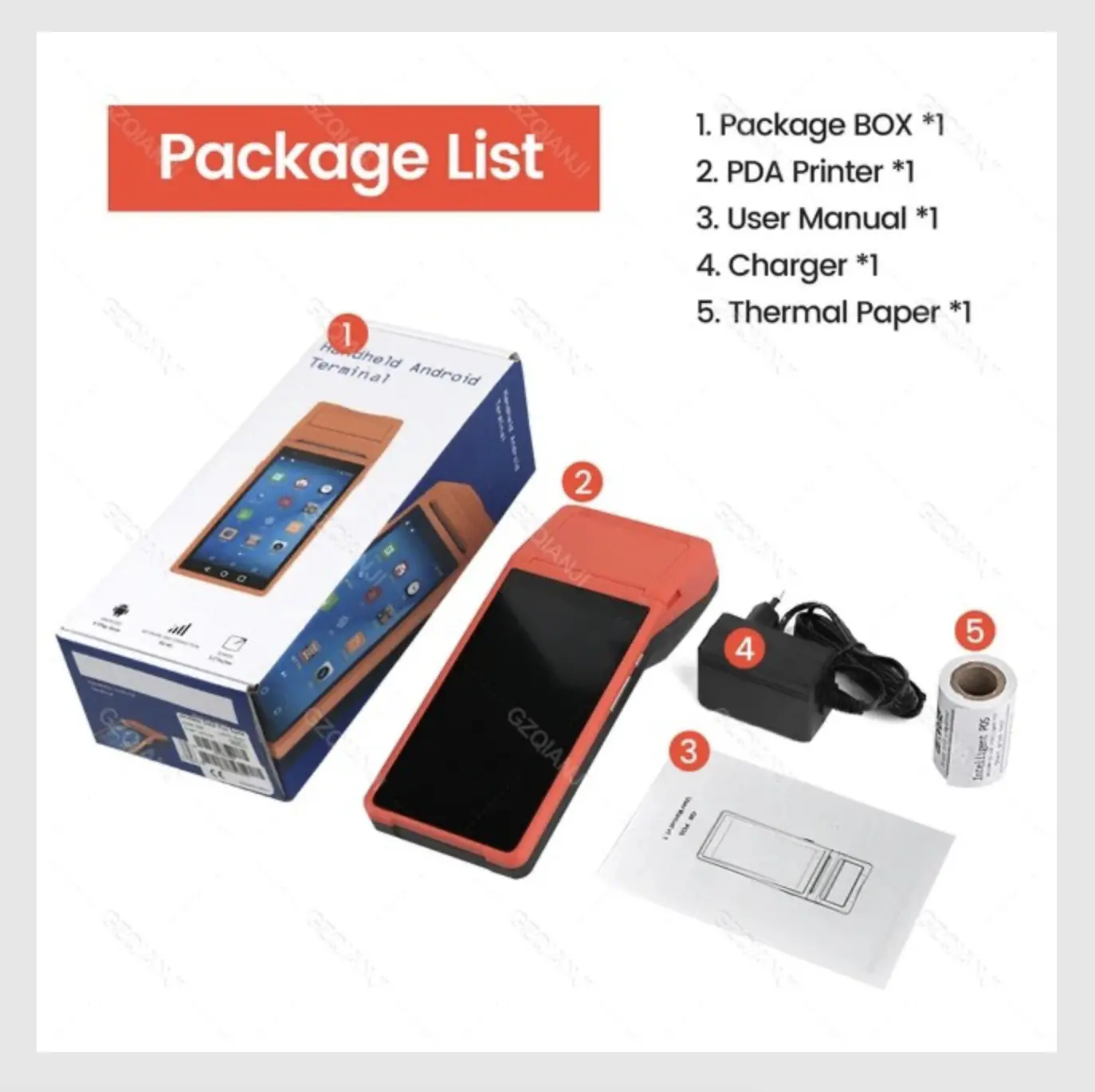 Picture of Handheld POS Receipt Printer Android with 5 Inch Touchscreen 58mm Width Thermal Printer Barcode Scanner 1D2D PDA Terminal Support Dual SIM, WiFi Bluetooth Label Printing for Restaurant, Bus Ticket, Small Business, FoodPanda Restaurant POS Printer(Orange)