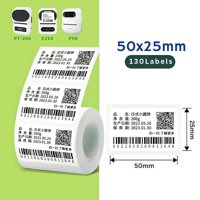 Picture of Barcode Label 50x25mm - 130 labels/Roll | Direct Thermal Stickers for PT260 Label Maker/Printer | High-Quality Print for Packaging & Shipping Supplies | Inventory Labels | Premium Self-Adhesive Thermal Labels - White(5-Rolls)