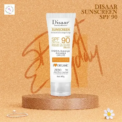 Picture of Disaar Sunscreen SPF 90 Instant Protection UVA UVB Foundation PA+++ Oil Free Sunblock Cover Protect Perfectly Moisturizing Coverage Surge 40g