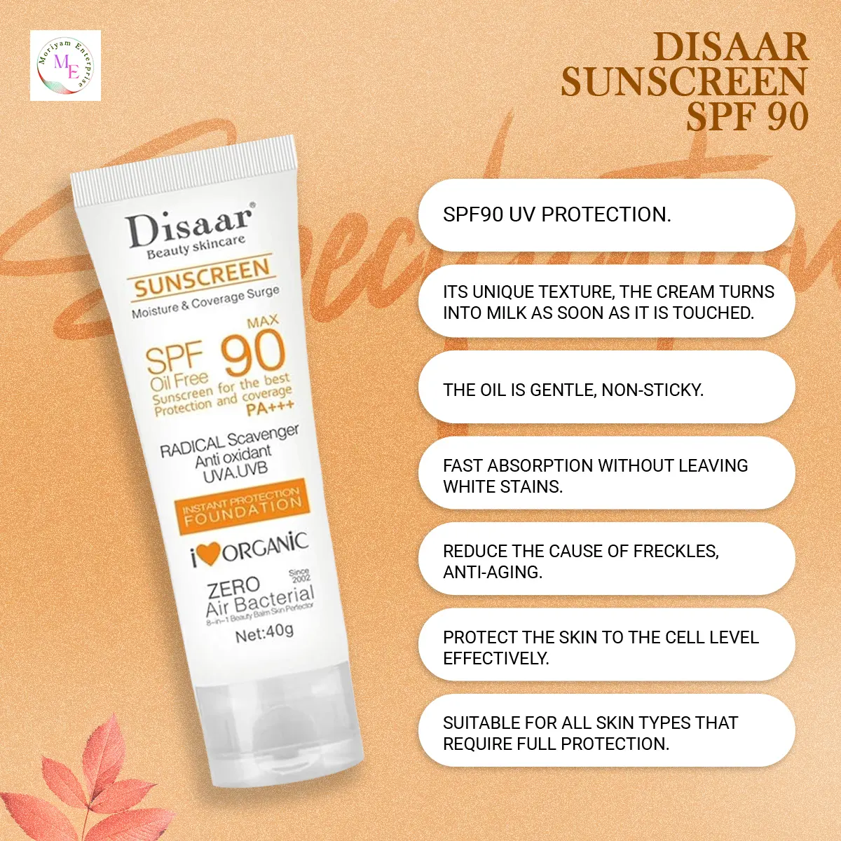 Picture of Disaar Sunscreen SPF 90 Instant Protection UVA UVB Foundation PA+++ Oil Free Sunblock Cover Protect Perfectly Moisturizing Coverage Surge 40g