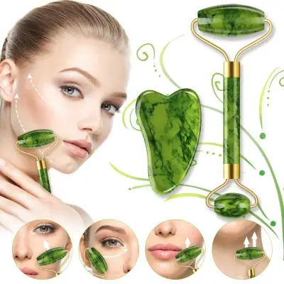Picture of Jade Roller and Gua Sha Tools Set Natural Jade Facial Massage Kit for Anti-Aging Beauty Treatment(Green,Face)
