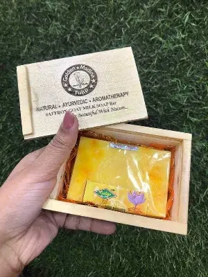Picture of Real Saffron Goat Milk Soap Bar Wooden Box Original(Yellow,)