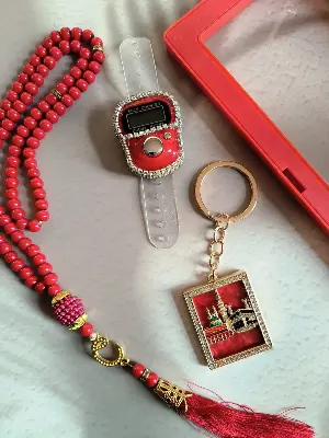 Picture of Tasbih Set with Digital Counter & Keyring  Complete Ramadan Prayer Counter Gift Set  Elegant Gift for Eid, Umrah, Hajj & Weddings  Premium Muslim Tally Counter(Red)