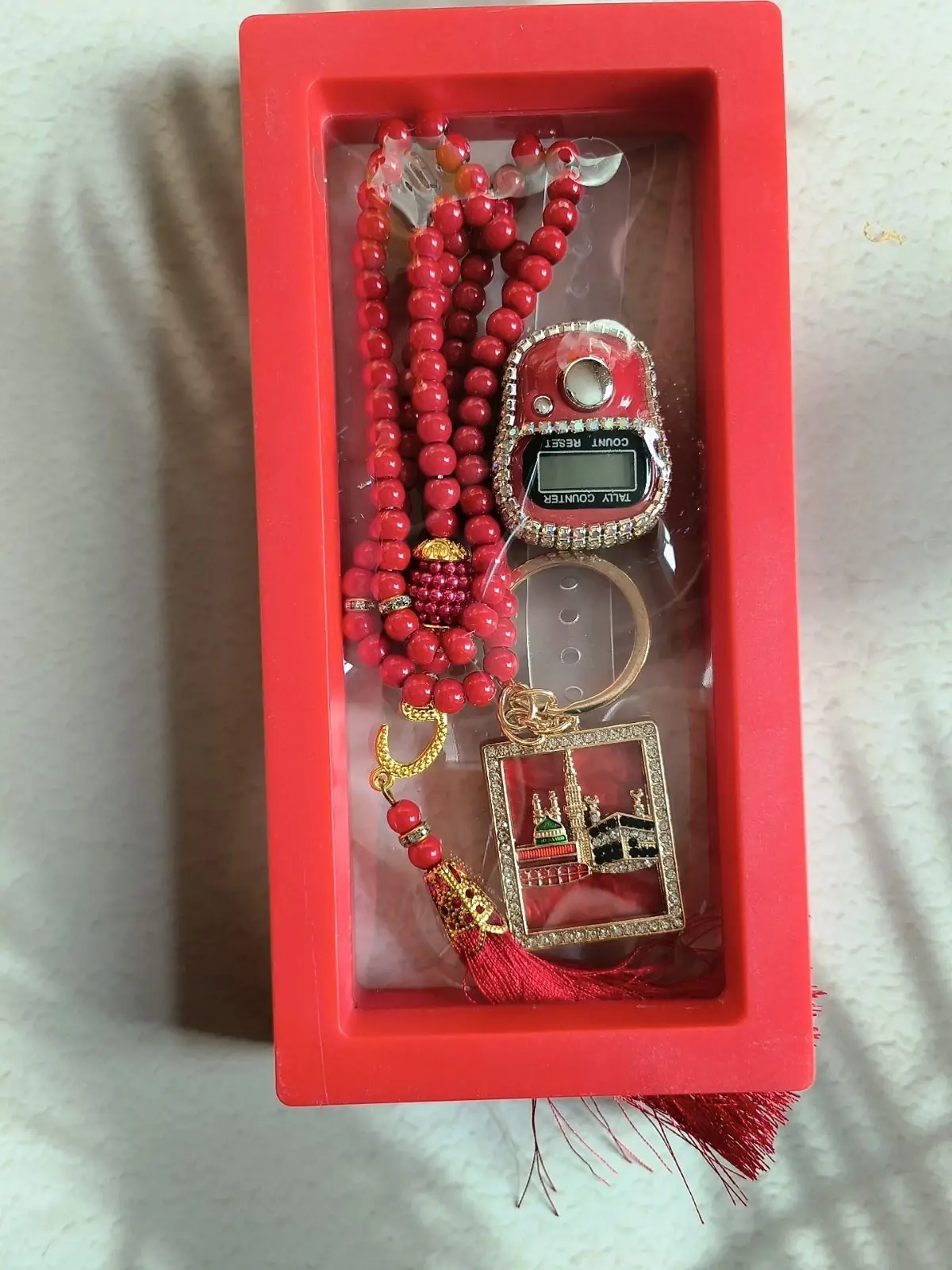 Picture of Tasbih Set with Digital Counter & Keyring  Complete Ramadan Prayer Counter Gift Set  Elegant Gift for Eid, Umrah, Hajj & Weddings  Premium Muslim Tally Counter(Red)