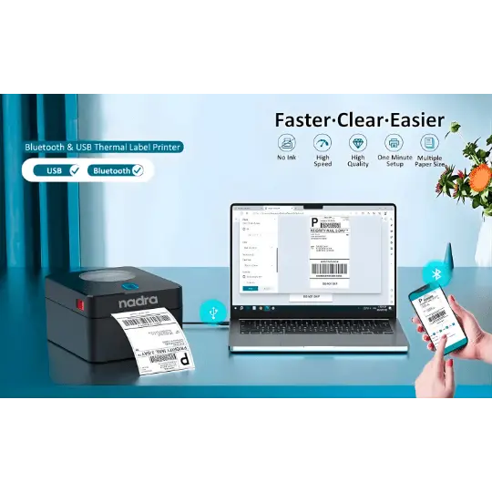 Picture of Versatile Label + POS Receipt Printer  USB and Bluetooth  Ideal for Printing 4x6, 3x4, and 2x3 Inch Labels for Daraz, Steadfast Courier Sticker  Barcode Label Maker  Compatible with PCs, Laptops, and Smartphones  Direct Thermal Printing Tech - Nadra(Black)