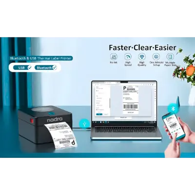 Picture of Versatile Label + POS Receipt Printer  USB and Bluetooth  Ideal for Printing 4x6, 3x4, and 2x3 Inch Labels for Daraz, Steadfast Courier Sticker  Barcode Label Maker  Compatible with PCs, Laptops, and Smartphones  Direct Thermal Printing Tech - Nadra(Black)