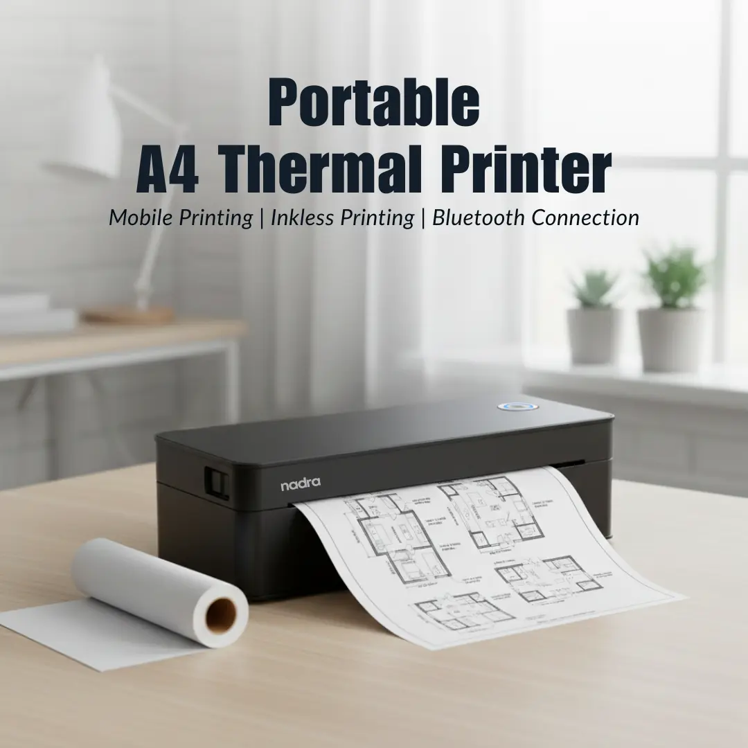Picture of A4 Bluetooth Printer for Top-tier professionals  Ideal for Office Work, Studying, Field Tasks, Travel Printing  Wireless Bluetooth Thermal Mini Printer  Printing Office Documents, Notes, PDFs, Photos  Inkless Direct Thermal Printing Tech-Nadra A401(Black-A4-Printer)