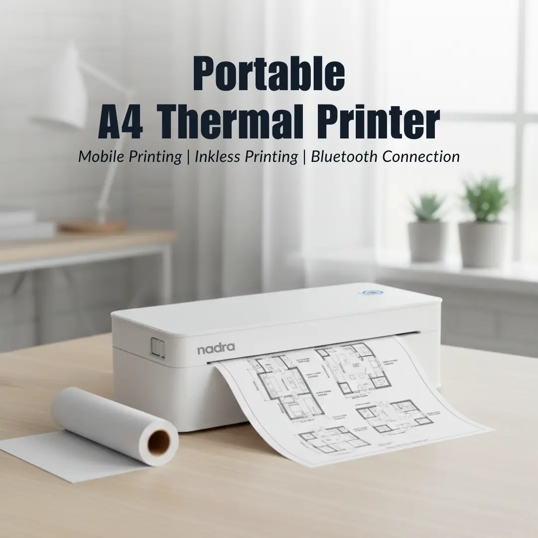 Picture of A4 Bluetooth Printer for Top-tier professionals  Ideal for Office Work, Studying, Field Tasks, Travel Printing  Wireless Bluetooth Thermal Mini Printer  Printing Office Documents, Notes, PDFs, Photos  Inkless Direct Thermal Printing Tech-Nadra A401(White-A4-Printer)