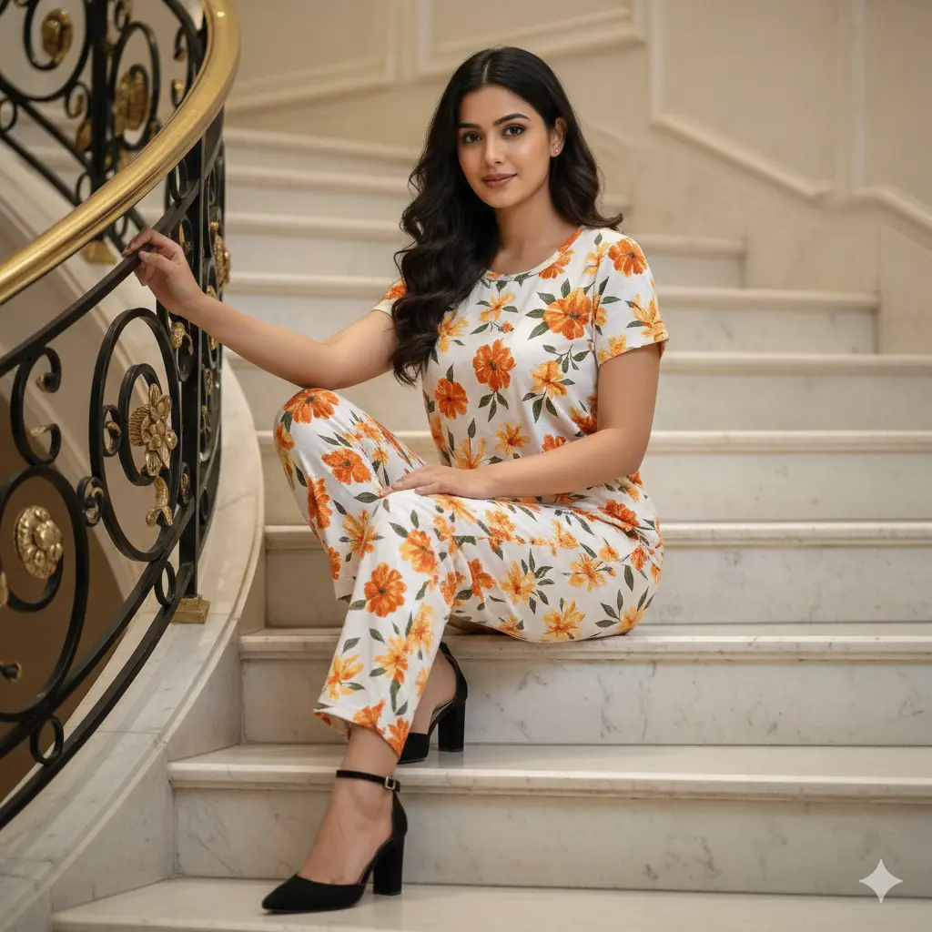 Picture of Woman Summer Wear Printed T-shirt and Trouser Set - Fashionable and Comfortable for All Seasons. ☘️উমাইশা ফ্যাশান নিয়ে এসেছে মেয়েদের আরামদায়ক রাতের পোশাক ☘️এখন ঘুম হবে প্রশান্তিতে ☘️।