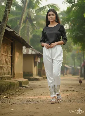Picture of Elegant Embroidered Silk Pajamas Pants Full Length Traditional Style