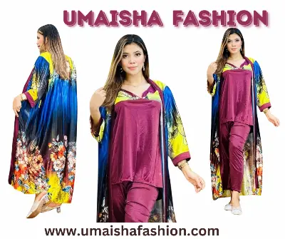 Picture of A stunning  3 part night dress with digital print on China Glaze fabric Nighty for woman.