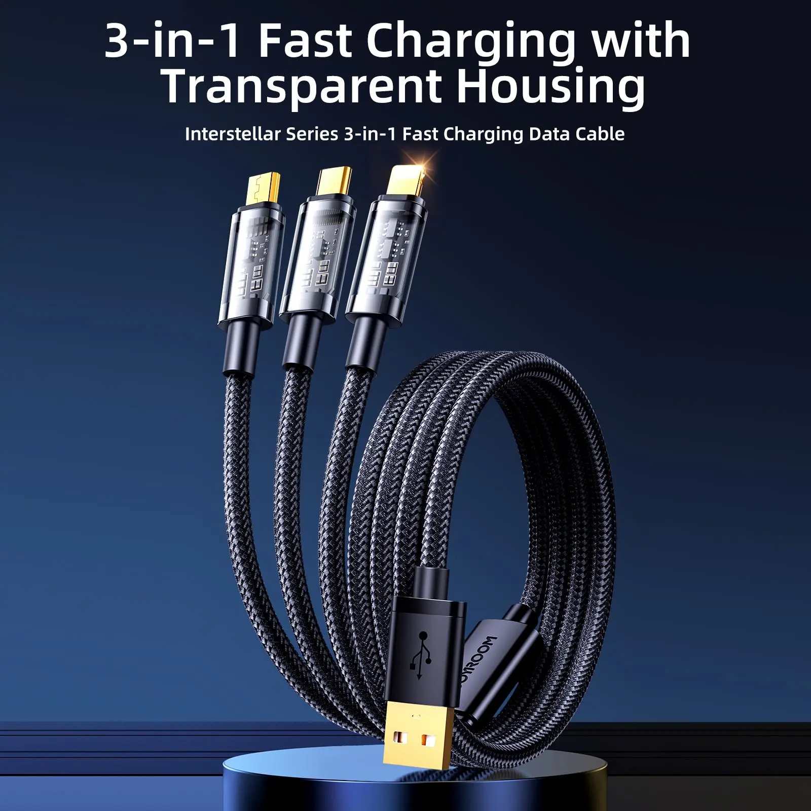 Picture of Joyroom S-1T3015A5 3.5A 3-in-1 Data Cable (USB-A to Lightning+Type-C+Micro) 1.2m-Black - Black