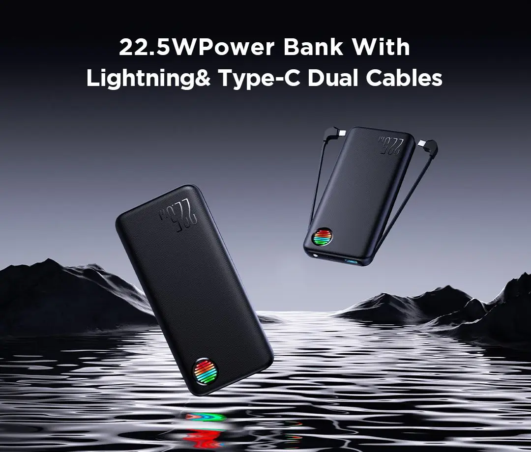 Picture of Joyroom JR-L015 22.5W Power Bank with Dual Cables & Troch Light 20000mAh Big Capacity External Charging Battery - Black