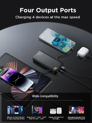 Picture of Joyroom JR-L015 22.5W Power Bank with Dual Cables & Troch Light 20000mAh Big Capacity External Charging Battery - Black