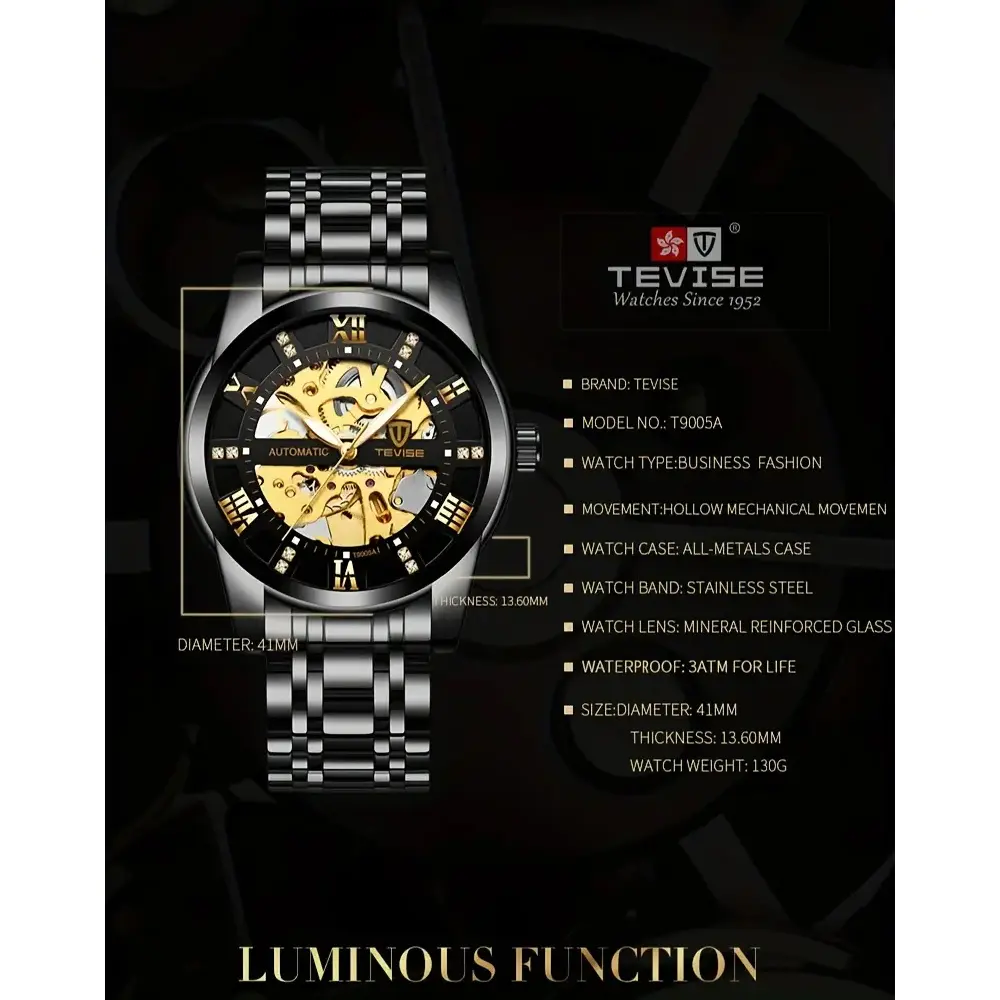 Picture of TEVISE T9005A Automatic Skeleton Diamond Scale Luminous Men Mechanical Watch - Silver - Silver