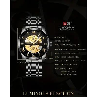 Picture of TEVISE T9005A Automatic Skeleton Diamond Scale Luminous Men Mechanical Watch - Silver - Silver