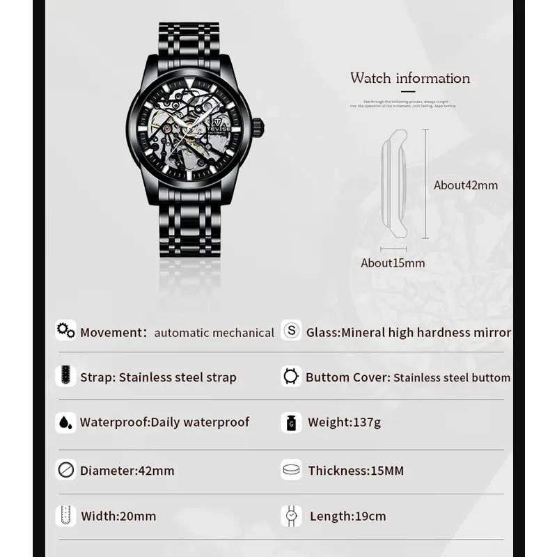 Picture of Tevise T9005E Hollow-out Luminous Stainless Steel Automatic Mechanical Watch - Silver Blue - Blue