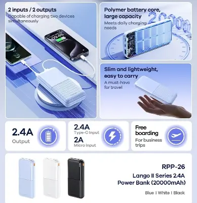 Picture of Remax RPP-26 Type-C & Micro USB  2 Inputs 20000mAh Power Bank With 6 Month Warranty - Black/White