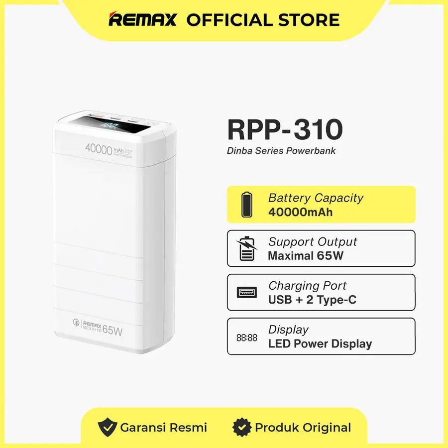Picture of REMAX RPP-310 Dinba Series 65W PD+QC Fast Charging 40000mAh Power Bank - White