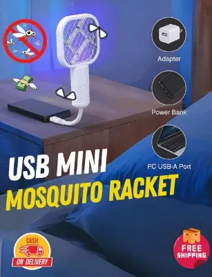 Picture of Electric Shock Mosquito Swatter Trap Pest Control UV Light USB Insect Racket Mini Portable Fly Bug Zapper Bedroom - White
