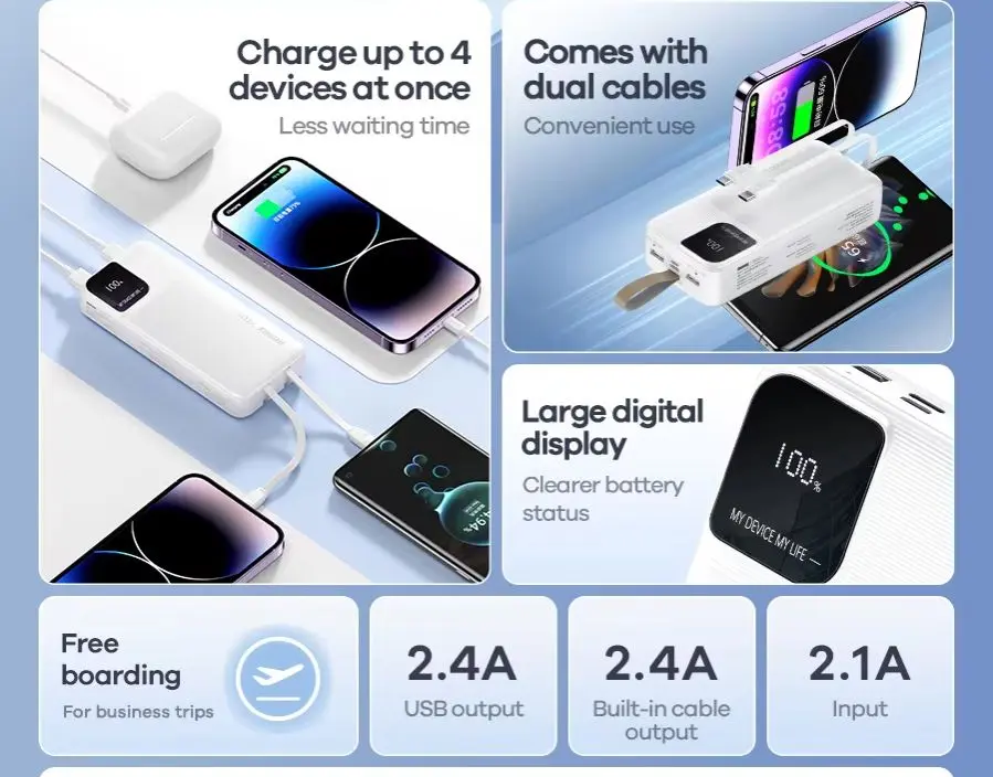 Picture of Remax RPP-659 2.4A Fast Charging Type-C Portable Charging 30000mAh 2USB High Capacity Power Bank With Dual Cable - Black