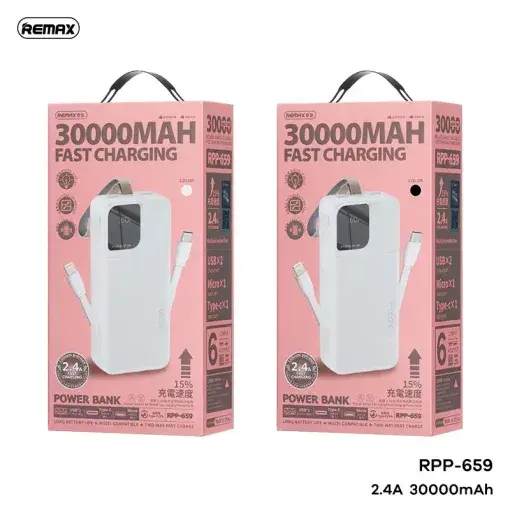 Picture of Remax RPP-659 2.4A Fast Charging Type-C Portable Charging 30000mAh 2USB High Capacity Power Bank With Dual Cable - Black