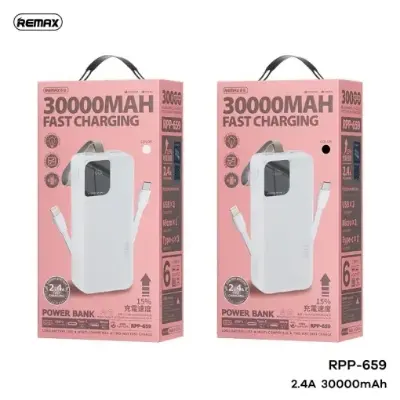 Picture of Remax RPP-659 2.4A Fast Charging Type-C Portable Charging 30000mAh 2USB High Capacity Power Bank With Dual Cable - Black