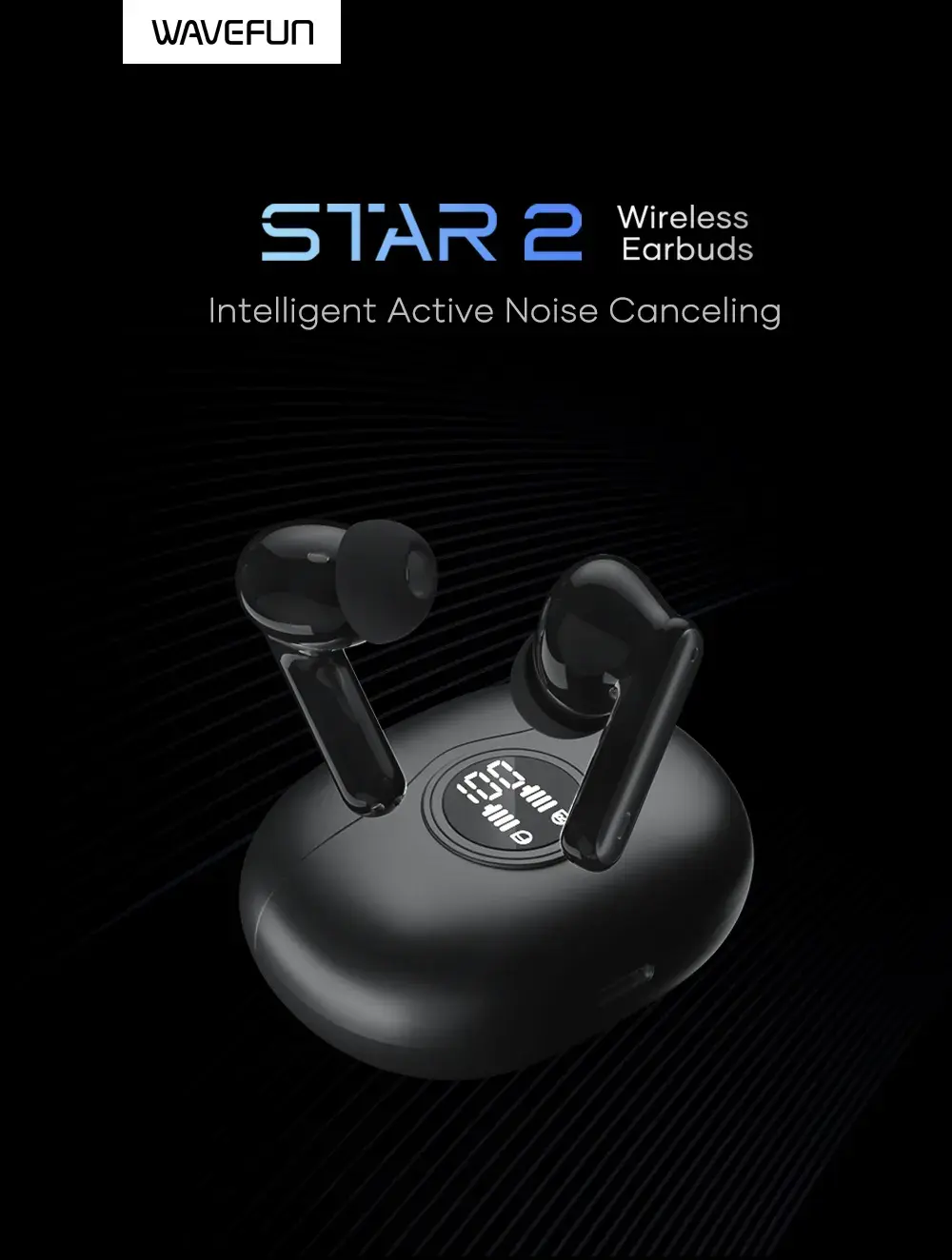 Picture of Wavefun Star 2 ANC Bluetooth Earphone V5.3 Wireless Headphones Digital Display Active Noise Cancelling Earbuds Super Bass - Black - Black